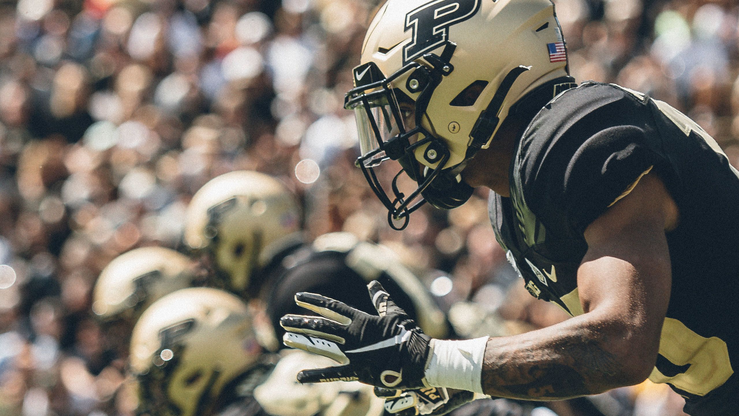 The image shows a Purdue football player