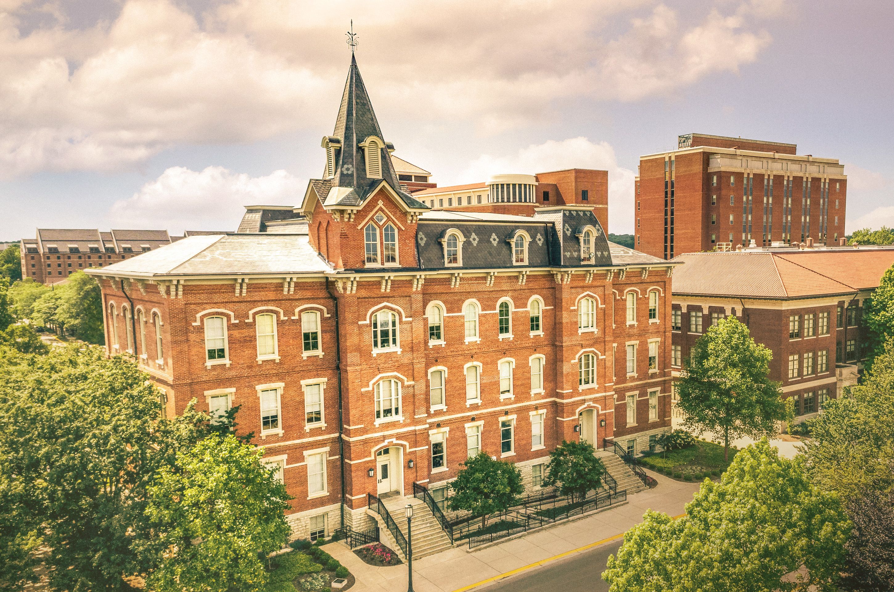 The front of University Hall on a sunny day