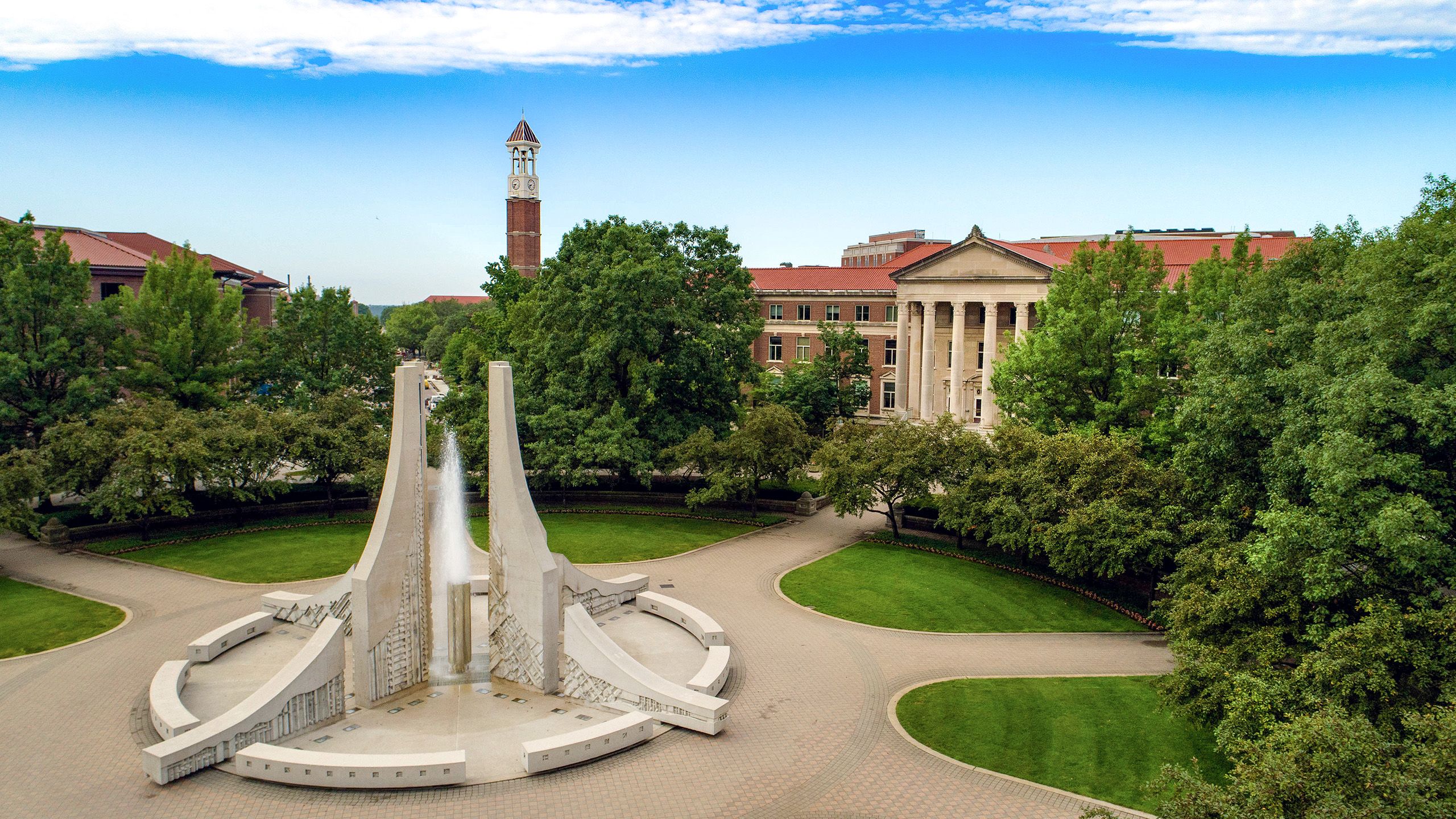 Overhead photo of the Engineering Fountain, Hovde Hall, and the Bell Tower on a summer day
