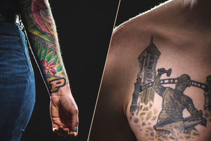 The image shows people with Purdue tattoos