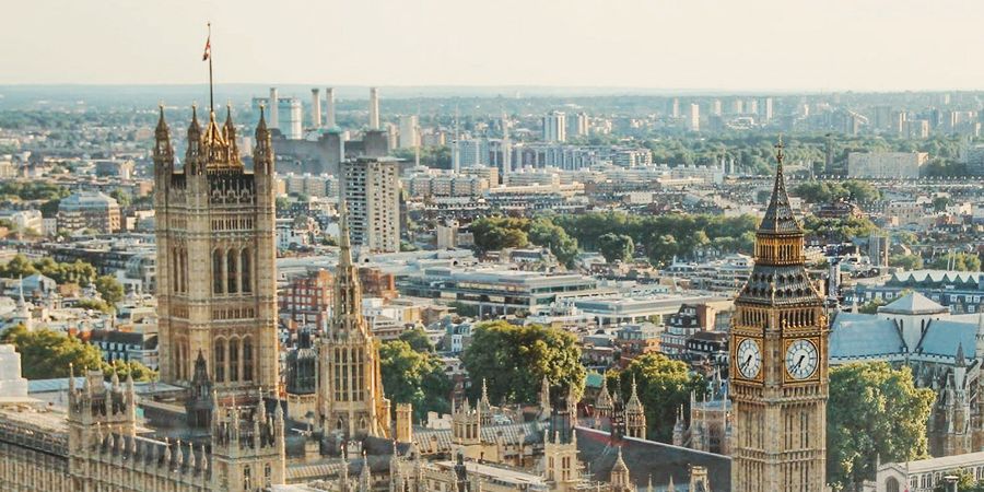 The image shows a skyline view of London