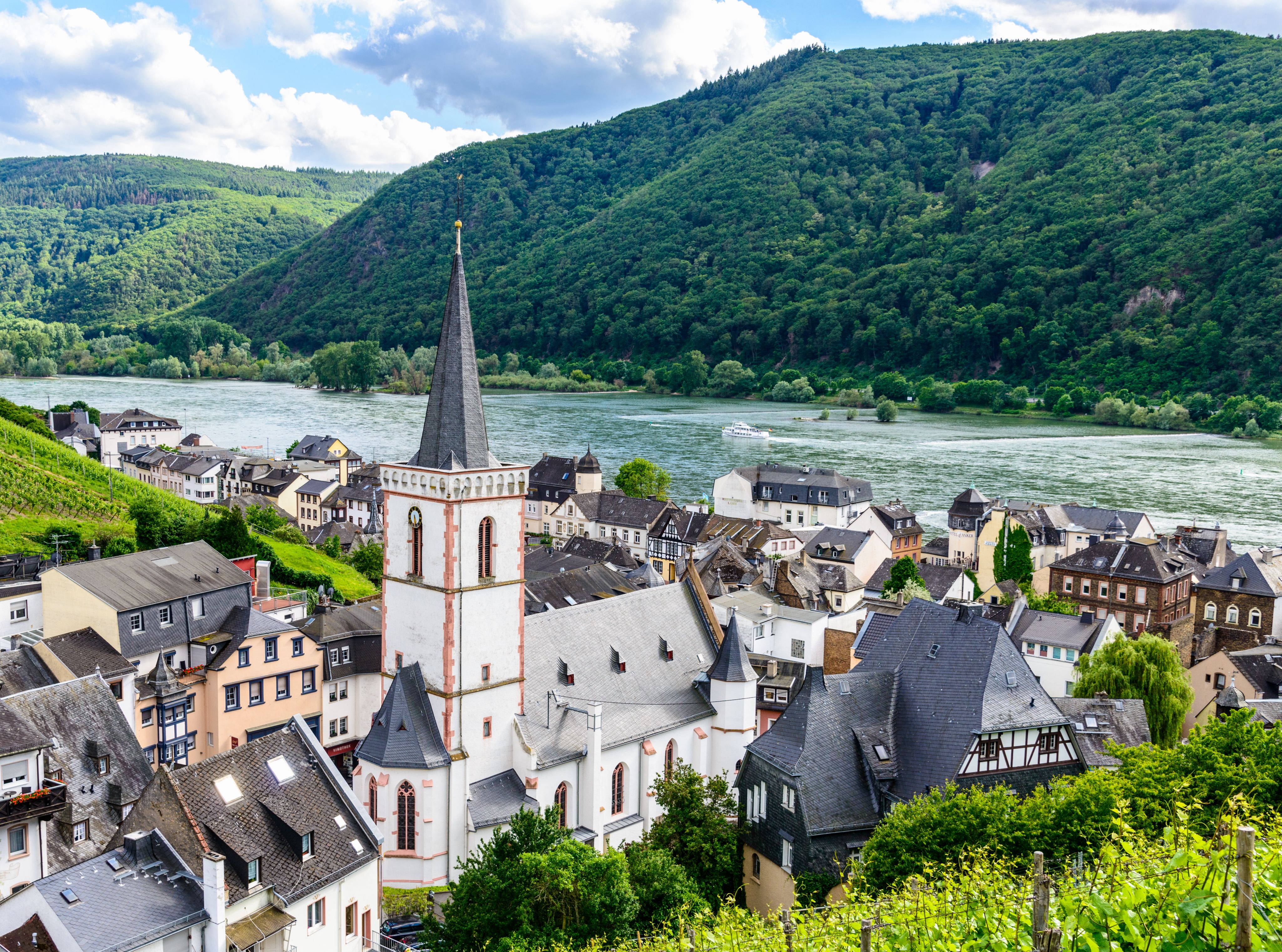 Church, houses and vineyards in Assmanshausen. Upper middle Rhine river valley (Mittelrhein), nearby Rudesheim am Rhein, Lorch. Hessen, Germany. Unesco