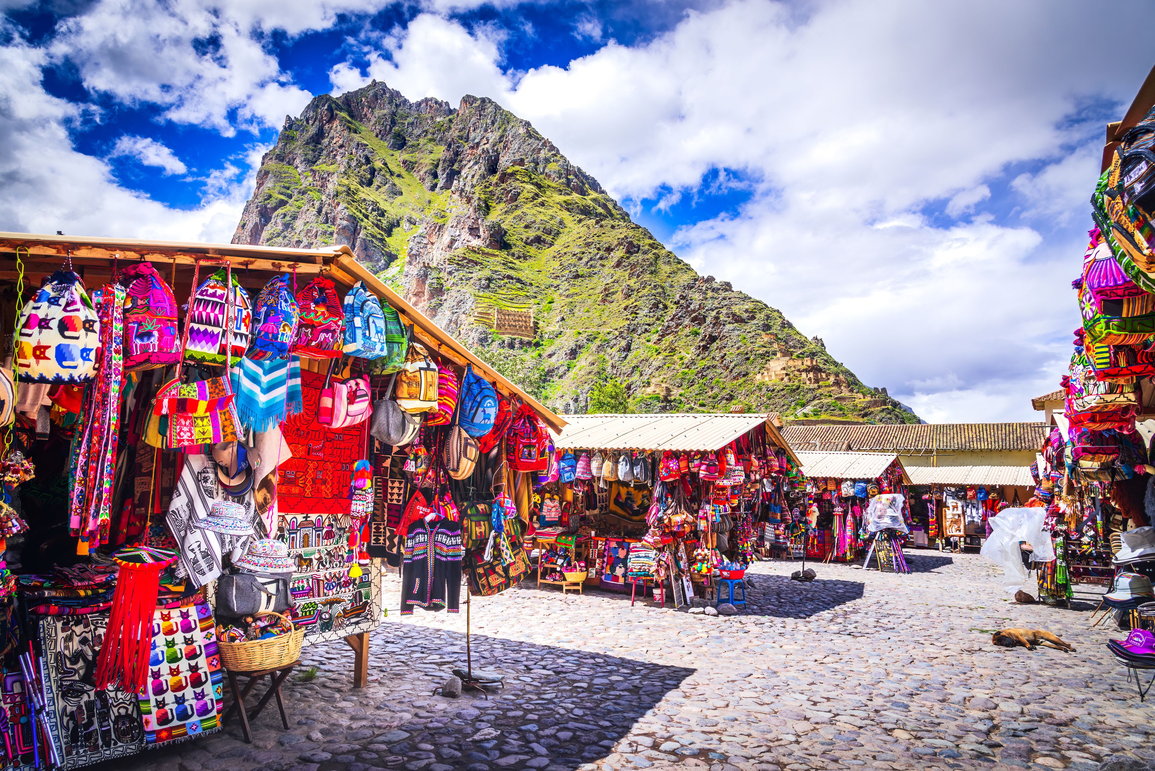  Ollantaytambo, Peru - April 2017. Souvenir store and entrance to Inca Ruins and Terraces, Sacred Valley.
